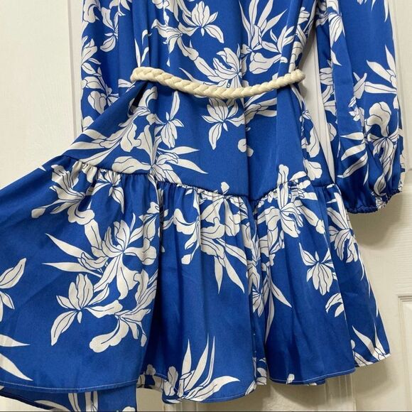 Alexis X Target Blue and White Floral Long Sleeve Mini Dress With Rope Belt - Picture 12 of 15